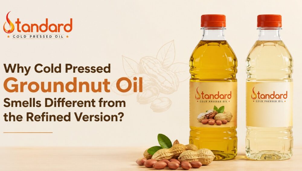 Why Cold Pressed Groundnut Oil Smells Different From The Refined Version? 8 Standard Cold Pressed Oil Groundnut Oil Bottles Showing The Darker Cold-Pressed Oil And Lighter Refined Oil, With Peanuts, Illustrating Why Cold Pressed Groundnut Oil Smells Different From Refined Oil.