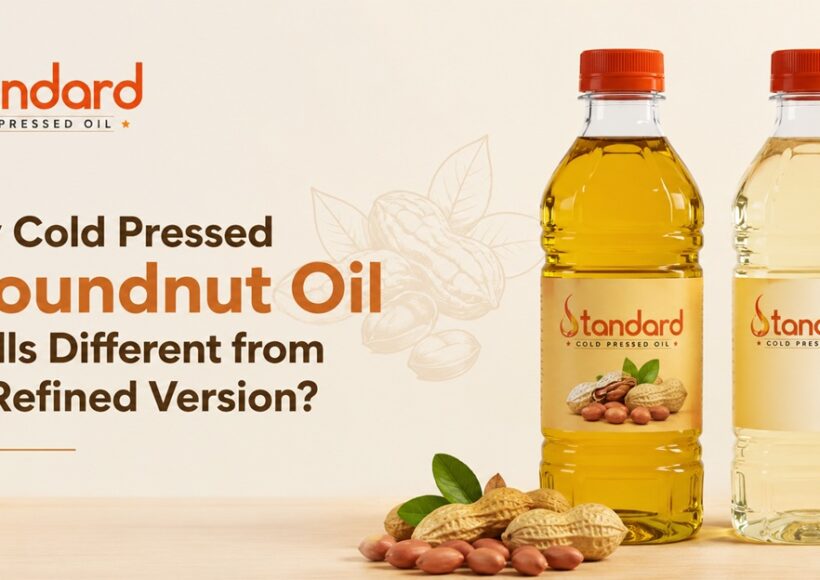 Standard Cold Pressed Oil Groundnut Oil Bottles Showing The Darker Cold-Pressed Oil And Lighter Refined Oil, With Peanuts, Illustrating Why Cold Pressed Groundnut Oil Smells Different From Refined Oil.