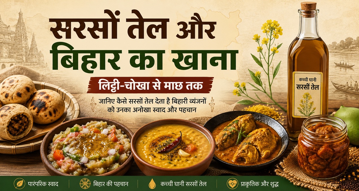 बिहार के पारंपरिक खाने में सरसों तेल की भूमिका दर्शाता भोजन दृश्य, जिसमें लिट्टी-चोखा, दाल, माछ-मछली, अचार और कच्ची घाणी सरसों तेल शामिल हैं।