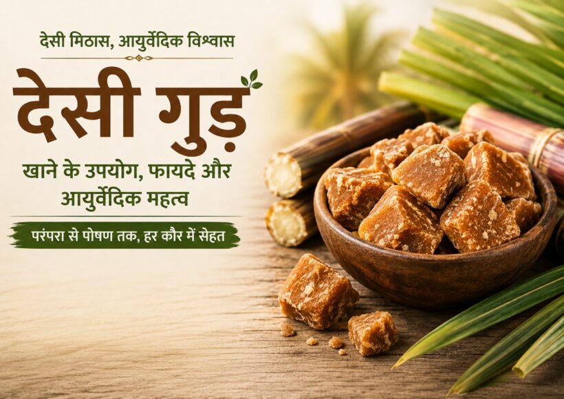 देसी गुड़ खाने के उपयोग, फायदे और नुकसान: आयुर्वेदिक दृष्टिकोण से पूरी जानकारी 1 एक कटोरे में रखे देसी गुड़ के टुकड़े, पीछे गन्ने के डंठल और हरे पत्तों के साथ देसी गुड़ के पारंपरिक उपयोग, फायदे और आयुर्वेदिक महत्व को दर्शाता हुआ बैनर.