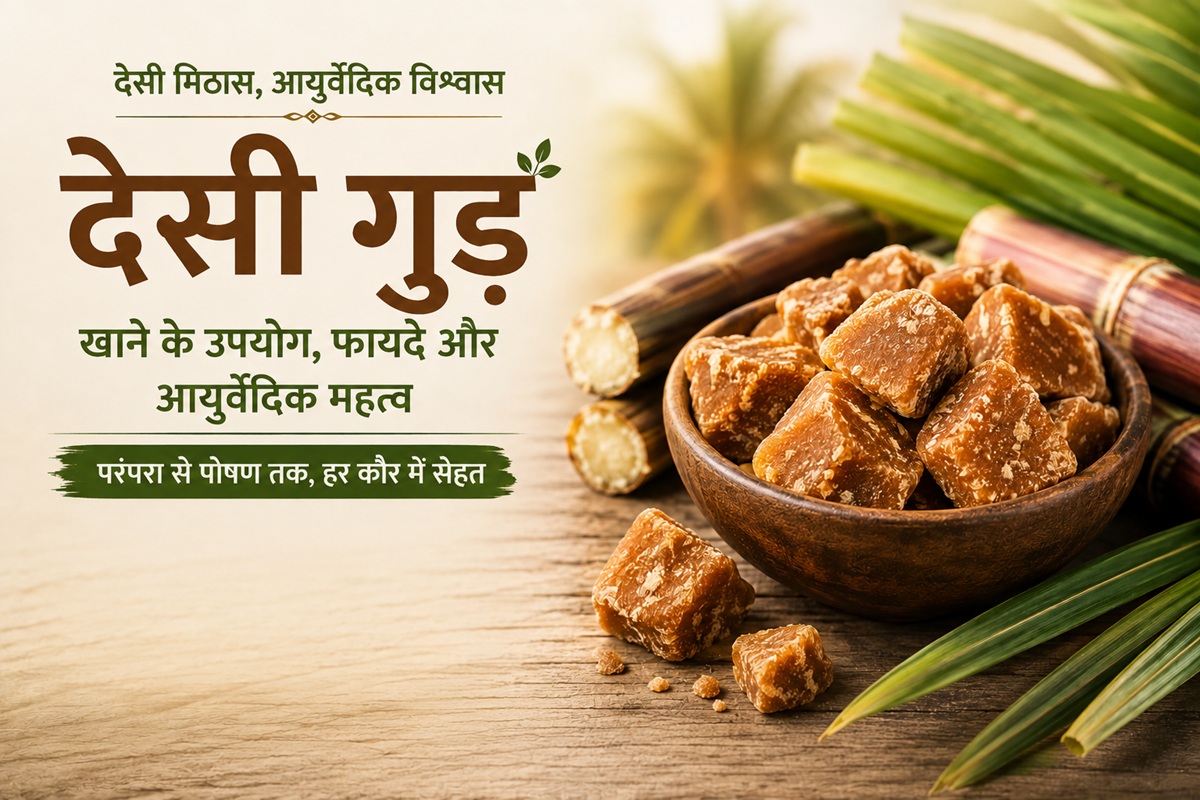 देसी गुड़ खाने के उपयोग, फायदे और नुकसान: आयुर्वेदिक दृष्टिकोण से पूरी जानकारी 1 एक कटोरे में रखे देसी गुड़ के टुकड़े, पीछे गन्ने के डंठल और हरे पत्तों के साथ देसी गुड़ के पारंपरिक उपयोग, फायदे और आयुर्वेदिक महत्व को दर्शाता हुआ बैनर.