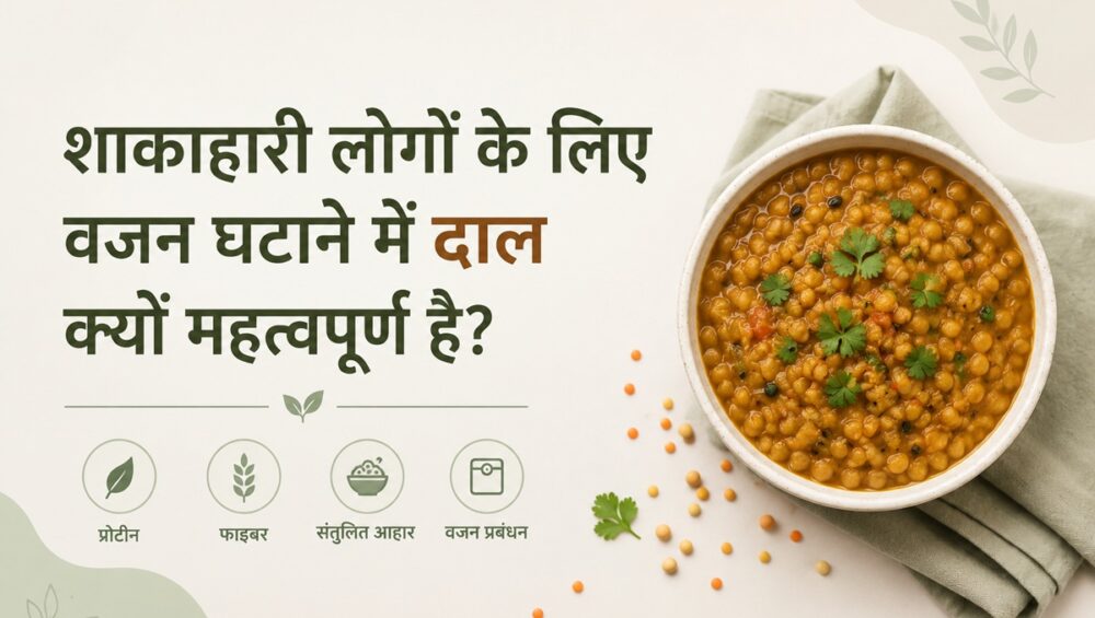 शाकाहारी लोगों के लिए वजन घटाने में दाल के महत्व को दर्शाता मिनिमलिस्ट बैनर, जिसमें दाल की कटोरी के साथ प्रोटीन, फाइबर, संतुलित आहार और वजन प्रबंधन को दर्शाने वाले आइकन हैं।