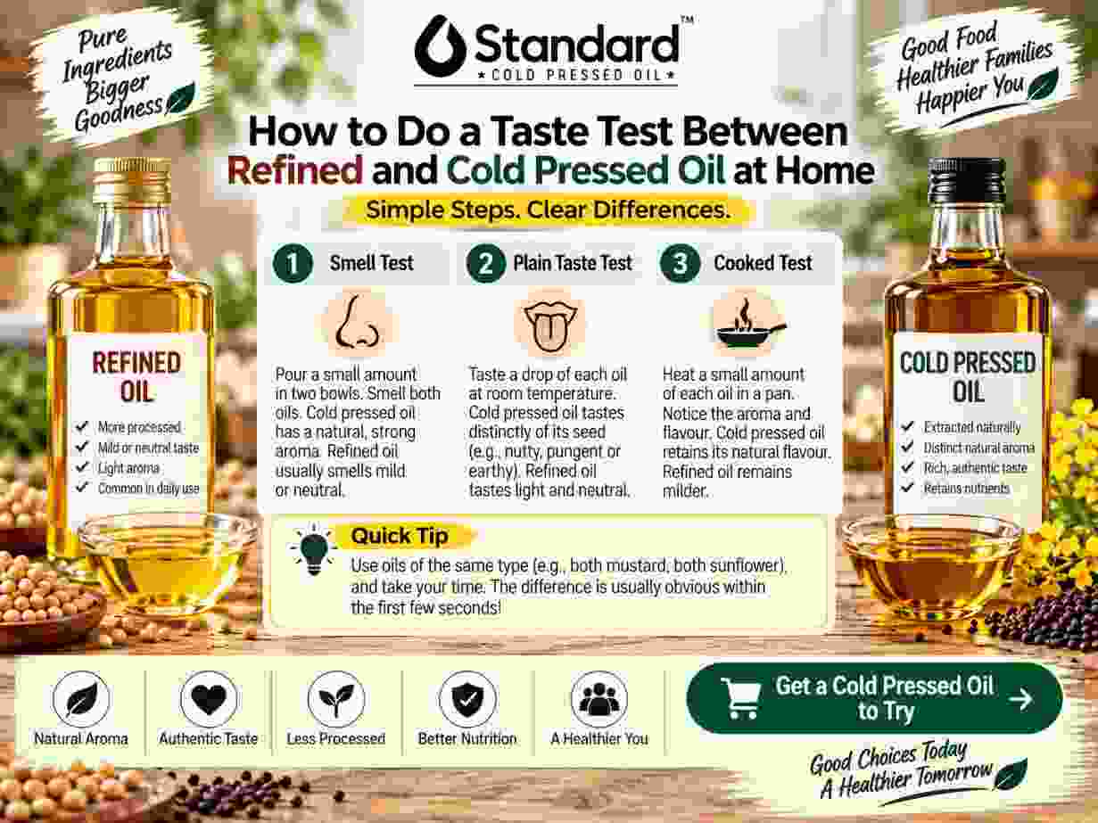Refined Vs Cold Pressed Oil Taste Test At Home With Standard Cold Pressed Oil, Showing Smell, Taste, And Cooking Comparison Steps.