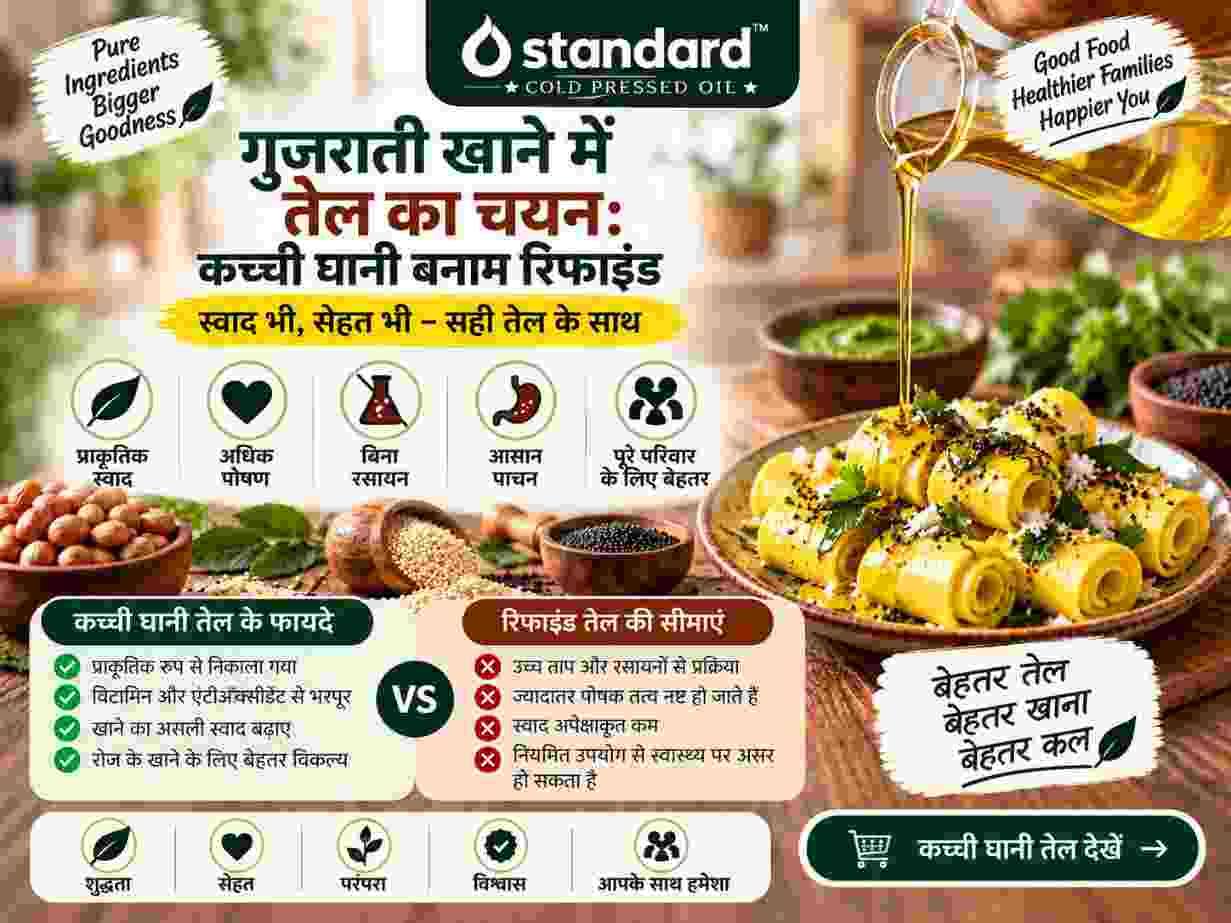 गुजराती खाने में तेल का चयन: कच्ची घानी बनाम रिफाइंड 1 Gujarati Cooking Oil Choice Featuring Cold Pressed Groundnut Oil And Traditional Indian Food