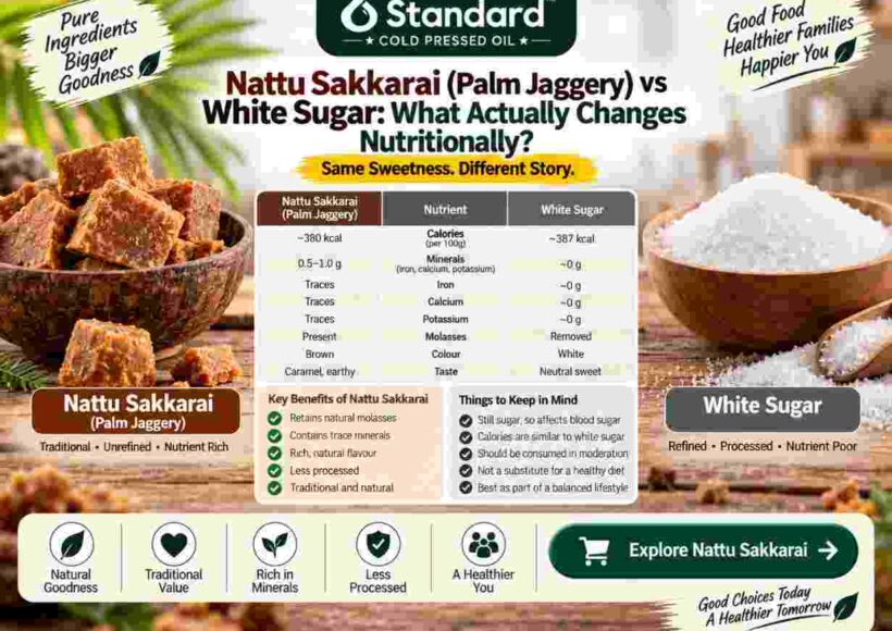Nattu Sakkarai (Palm Jaggery) Vs White Sugar Comparison Showing Nutritional Differences, Trace Minerals, Molasses, Calories, And Processing.