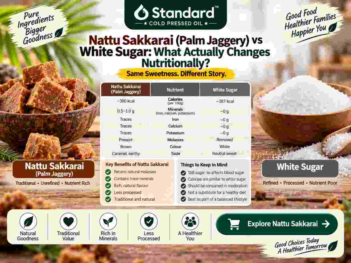 Nattu Sakkarai (Palm Jaggery) Vs White Sugar Comparison Showing Nutritional Differences, Trace Minerals, Molasses, Calories, And Processing.