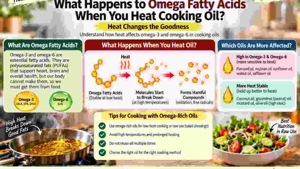 What Happens To Omega-3 And Omega-6 Fatty Acids When Cooking Oil Is Heated, With Tips For Choosing And Using Cooking Oils.