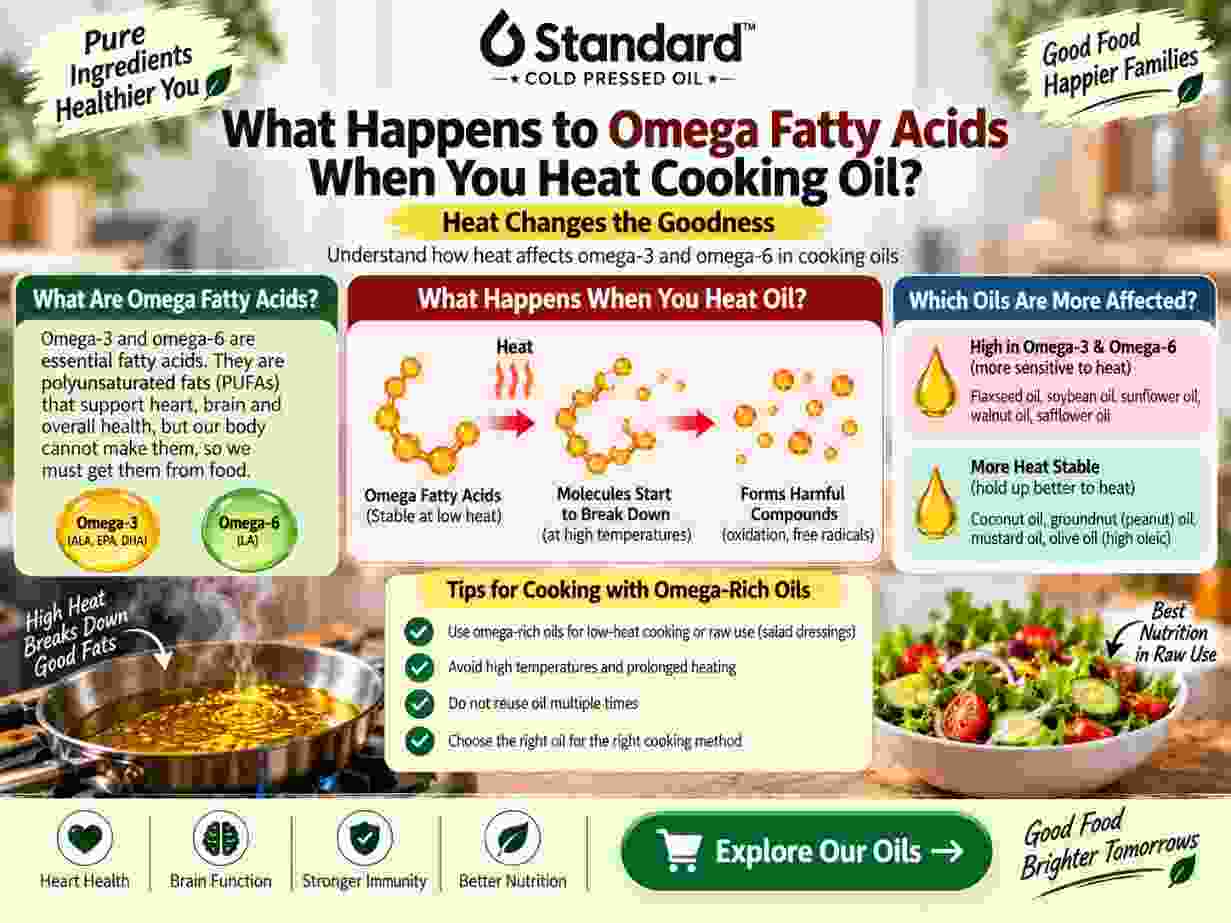 What Happens To Omega-3 And Omega-6 Fatty Acids When Cooking Oil Is Heated, With Tips For Choosing And Using Cooking Oils.